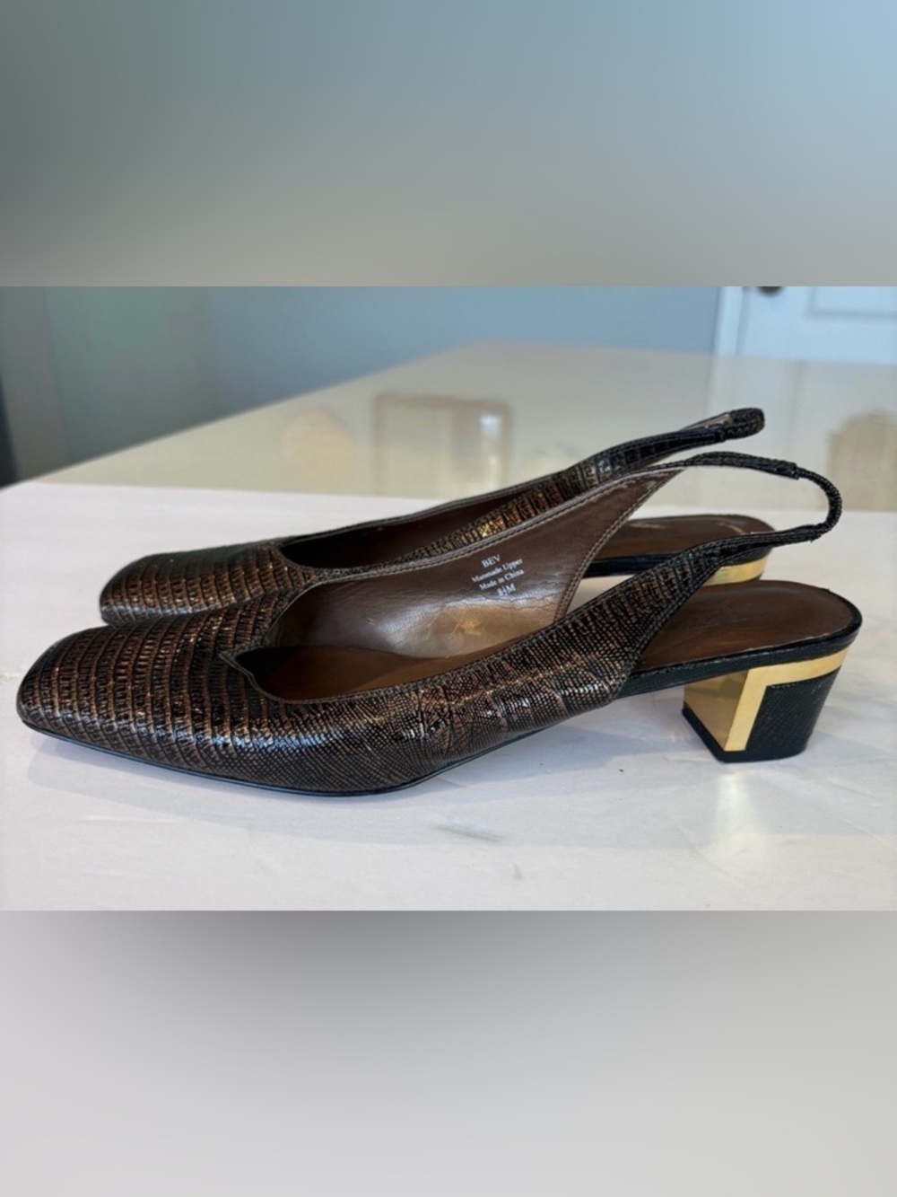 J.Renee Textured Chocolate Brown Slide Slingback Heels Gold Heel Accent